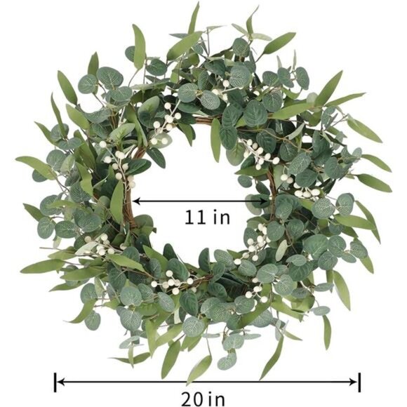 20in Artificial Eucalyptus Wreath for Front Door Fall Wreath Green Leaf Wreath - Picture 2 of 7